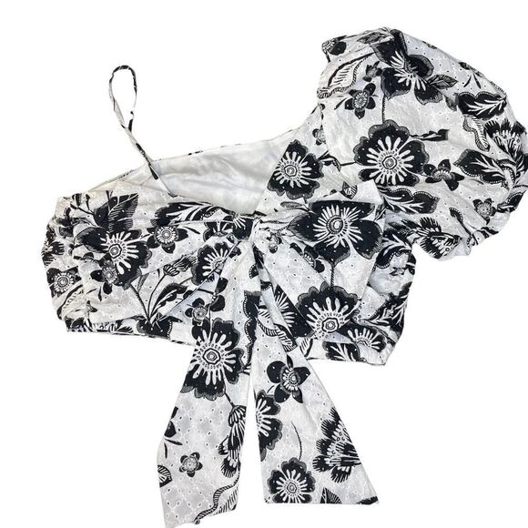 NEW Anthropologie Maeve Floral Eyelet Blouse Bow Back Black White 10 - Picture 6 of 13